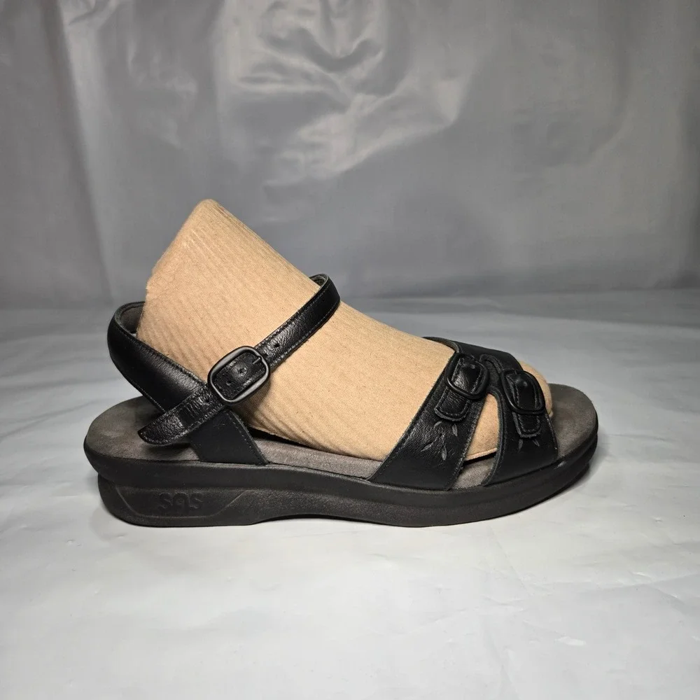 SAS Tripad Comfort Black Leather Wedge Sandals Womens 6.5 WW Wide Made in USA